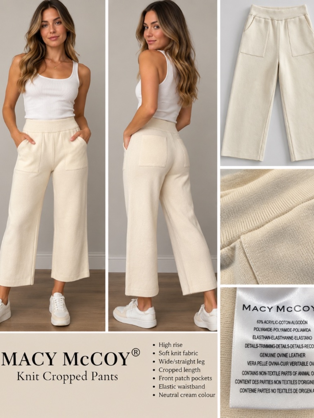 Macy McCoy Cream Knit High Rise Cropped Pants XS
